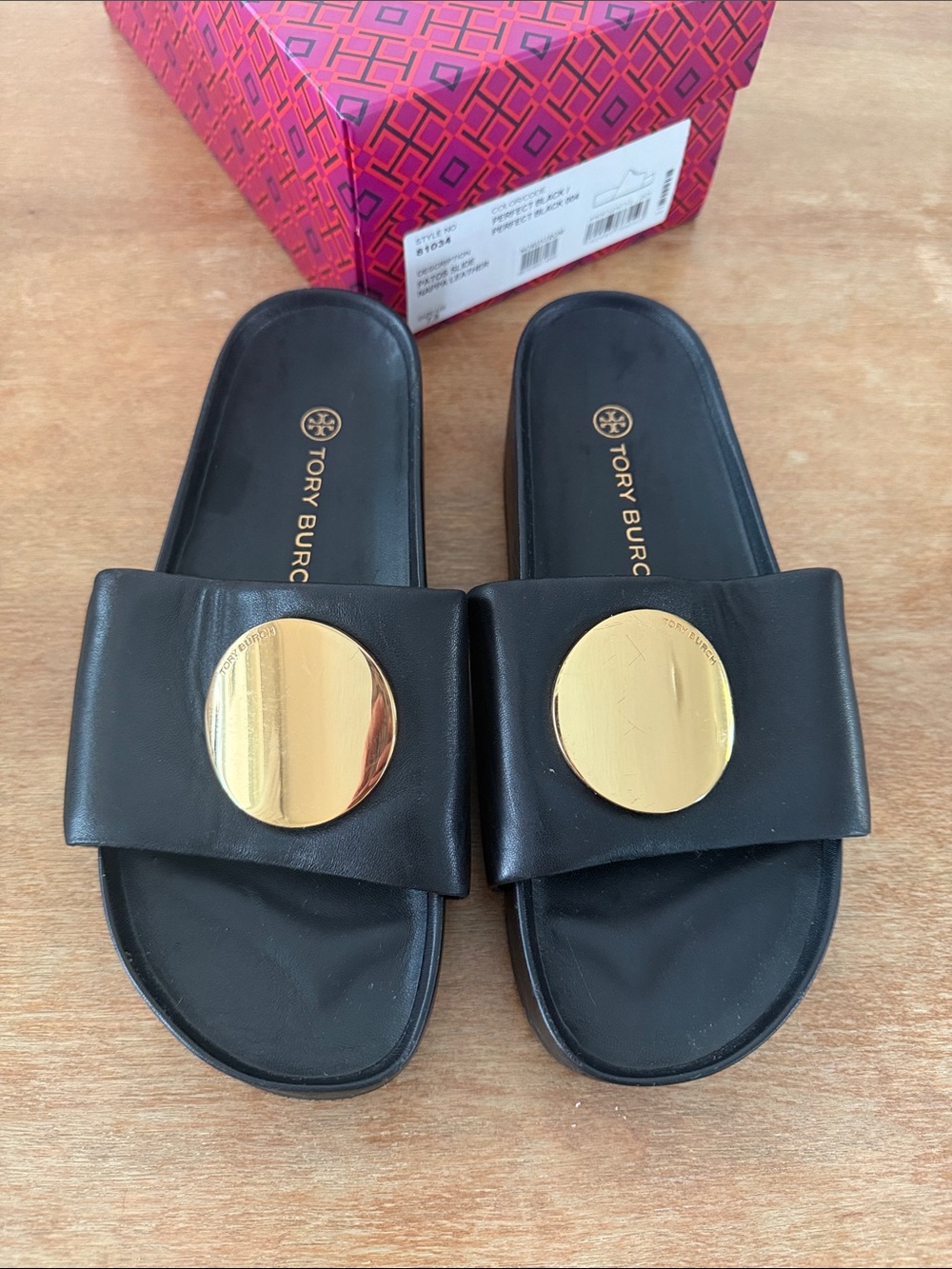 Tory Burch Patos Slide Leather Sandals Black & Gold Sz 7.5
